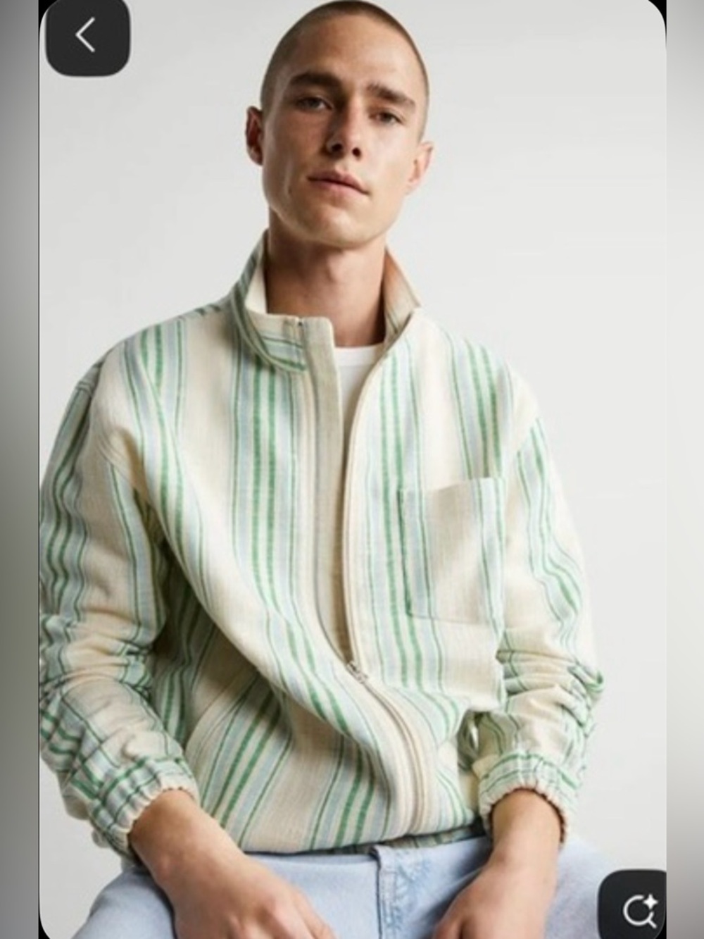 ZARA Men’s Cream Green Blue Striped Relaxed Fit Full Zip Bomber Jacket Size XL